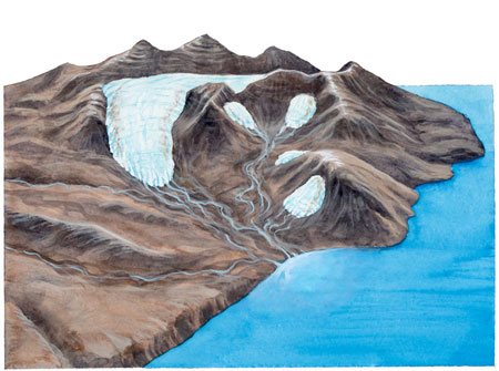 Artist’s reconstruction of cirque glaciers on the island of Rum in the west of Scotland.