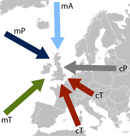 Image: A schematic depictiono of five principal air mass types that affect the British Isles