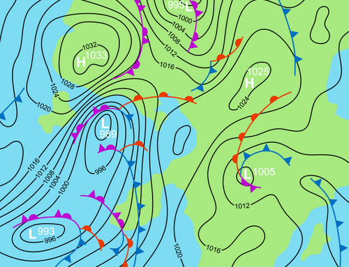 Image: Illustration showing warm and cold fronts depicted on a weather map