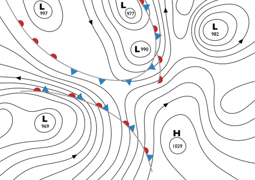Image: Illustration depicting how a cold front appears on a weather map