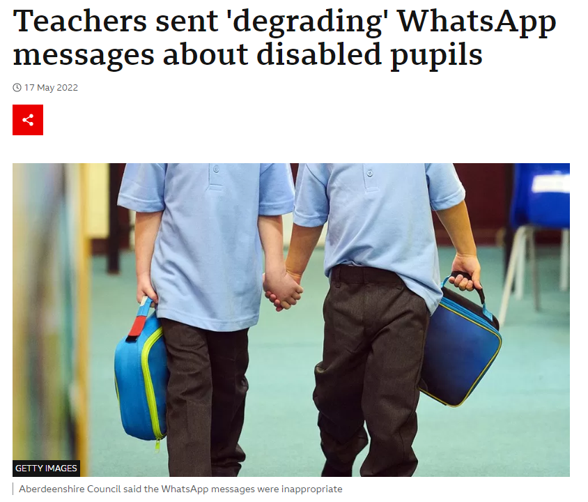Screenshot of a BBC article on teachers who sent degrading WhatsApp messages about disabled pupils