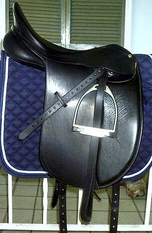 Dressage saddle, showing a long, straight flap
